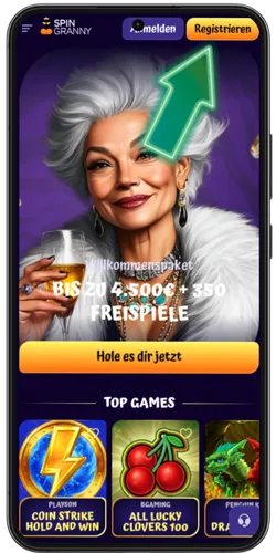 SpinGranny Casino Startseite mit Registrieren Button
